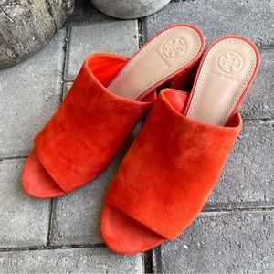 Tory Burch Orange Suede Gold Block Heel Mule